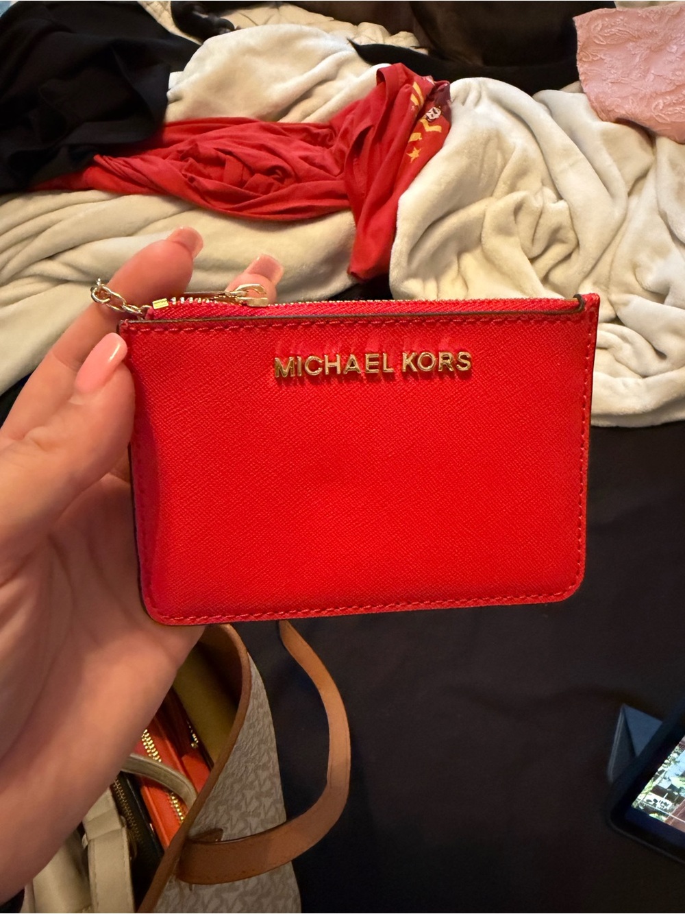 Michael Kors Bright Red Saffiano Zip Card Case with Gold Logo